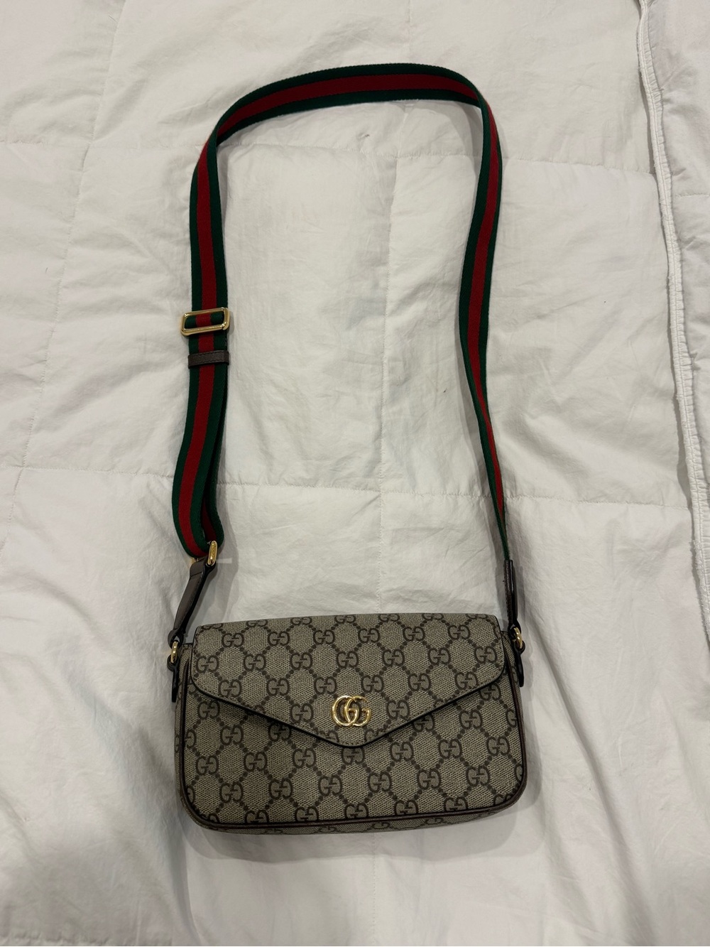 Gucci Beige GG Supreme Crossbody with Green and Red Web Strap